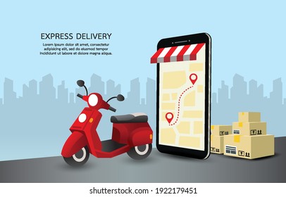 Mobile display GPS for parcel delivery. The smartphone is decorated like a shop with a red motorbike and a box near it.copy space on sky and cityscape. Design for banner, illustration, website, app.