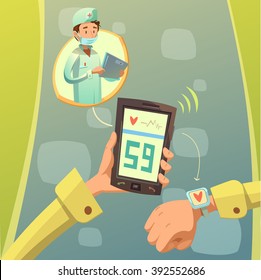 Mobile doctor consultation background with pulse and heartbeat test symbols cartoon vector illustration