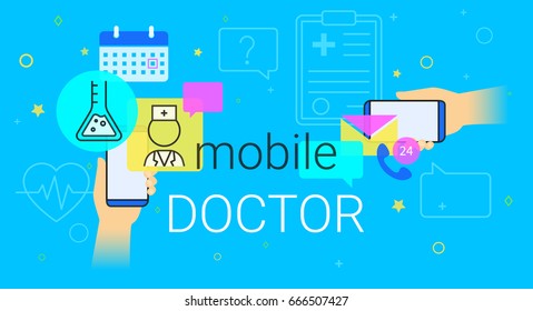 Mobile doctor and medicine research results on smartphone concept illustration. Human hands hold smart phones with app for health care and medical support. Creative healthcare banner blue background