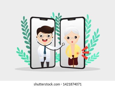 Mobile doctor. Smiling doctor on the phone screen. Medical internet consultation. Healthcare consulting web service. Hospital support online. Vector,illustration.