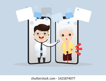 Mobile doctor. Smiling doctor on the phone screen. Medical internet consultation. Healthcare consulting web service. Hospital support online. Vector,illustration.