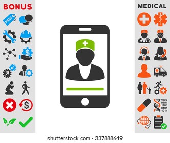 Mobile Doctor vector icon with bonus. Style is bicolor flat symbol, eco green and gray colors, rounded angles, white background.