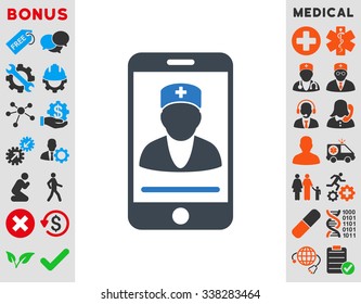 Mobile Doctor vector icon with bonus. Style is bicolor flat symbol, smooth blue colors, rounded angles, white background.