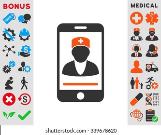 Mobile Doctor vector icon with bonus. Style is bicolor flat symbol, orange and gray colors, rounded angles, white background.