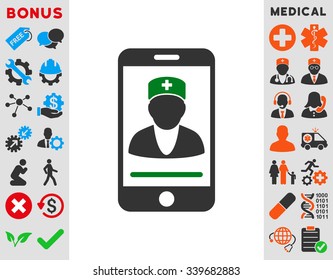 Mobile Doctor vector icon with bonus. Style is bicolor flat symbol, green and gray colors, rounded angles, white background.