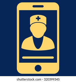 Mobile Doctor vector icon. Style is flat symbol, yellow color, rounded angles, blue background.