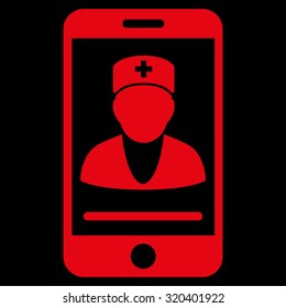 Mobile Doctor vector icon. Style is flat symbol, red color, rounded angles, black background.