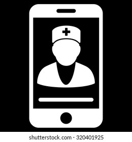 Mobile Doctor vector icon. Style is flat symbol, white color, rounded angles, black background.