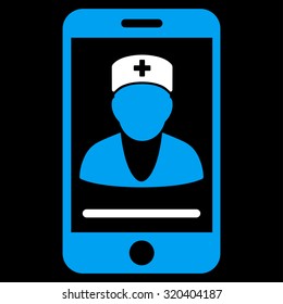 Mobile Doctor vector icon. Style is bicolor flat symbol, blue and white colors, rounded angles, black background.