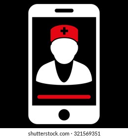 Mobile Doctor vector icon. Style is bicolor flat symbol, red and white colors, rounded angles, black background.