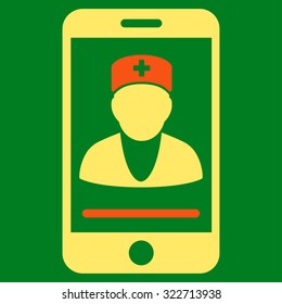 Mobile Doctor vector icon. Style is bicolor flat symbol, orange and yellow colors, rounded angles, green background.