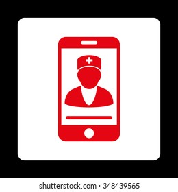 Mobile Doctor vector icon. Style is flat rounded square button, red and white colors, black background.