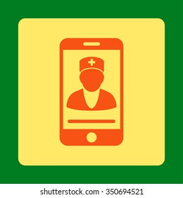 Mobile Doctor vector icon. Style is flat rounded square button, orange and yellow colors, green background.