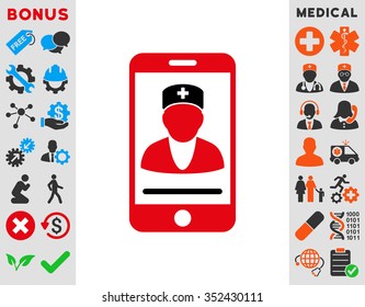 Mobile Doctor vector icon. Style is bicolor flat symbol, intensive red and black colors, rounded angles, white background.