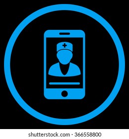 Mobile Doctor vector icon. Style is flat circled symbol, blue color, rounded angles, black background.