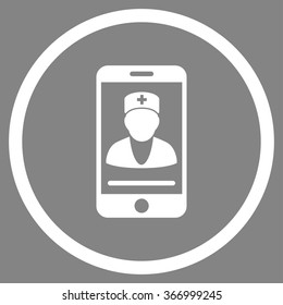 Mobile Doctor vector icon. Style is flat circled symbol, white color, rounded angles, gray background.