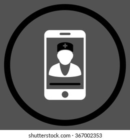 Mobile Doctor vector icon. Style is bicolor flat circled symbol, black and white colors, rounded angles, gray background.