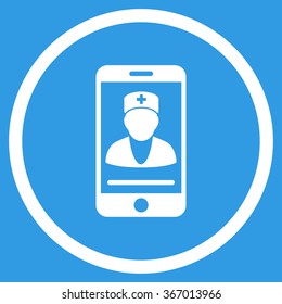 Mobile Doctor vector icon. Style is flat circled symbol, white color, rounded angles, blue background.