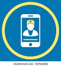 Mobile Doctor vector icon. Style is bicolor flat circled symbol, yellow and white colors, rounded angles, blue background.