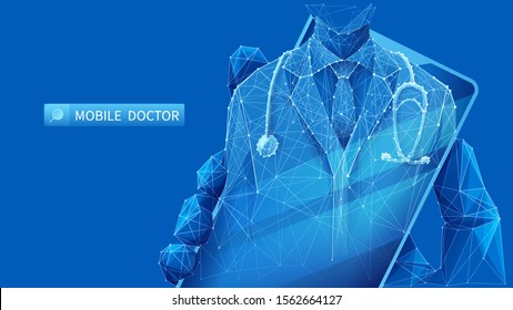 Mobile Doctor. A Young Man In A Coat With A Stethoscope On The Smartphone Screen. The Medical Mobile App Concept. A Hand Holds The Phone With The Medical Staff. Low Poly Wireframe Vector Illustration.