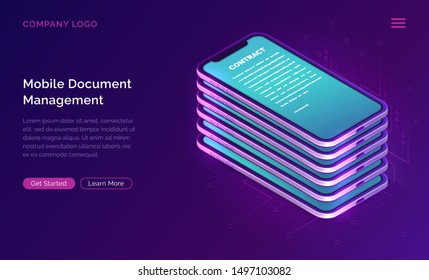 Mobile document manager business concept vector isometric illustration. Open online contract on digital smartphone screen, purple ultraviolet digital background, landing web page for application