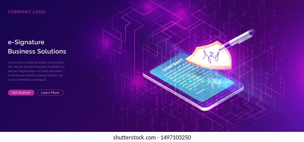 Mobile document manager business concept vector isometric illustration Online signing of contract on digital smartphone or tablet screen, shield and stylus pen, purple ultraviolet digital background