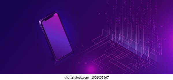 Mobile Document Manager Business Concept Vector Isometric Illustration. Smartphone On Purple Ultraviolet Background With Information Waterfall Or Big Data Stream, Vertical Banner Or Landing Webpage