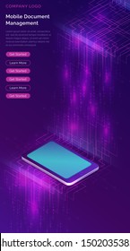 Mobile Document Manager Business Concept Vector Isometric Illustration. Smartphone In Information Waterfall Or Big Data Stream On Purple Ultraviolet Background, Vertical Banner Or Landing Webpage