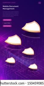 Mobile document manager business concept vector isometric illustration. White-gold shields over electronic data stream or waterfall, protection and information management on ultraviolet background