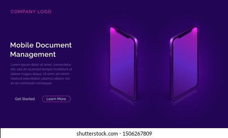 Mobile document manager business concept vector isometric illustration. Two 3D mobile phones turned away from each other by screens isolated on ultraviolet background