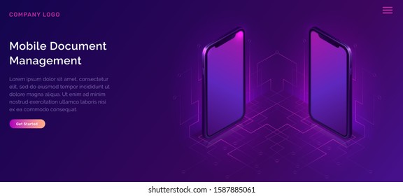 Mobile document manager business concept vector isometric illustration. Two 3D mobile phones turned away from each other by screens isolated on ultraviolet background with electronic data