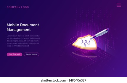 Mobile document manager or e-signature business concept vector isometric illustration. Online signing, shield and stylus pen, purple horizontal banner with data waterfall, landing web page for app