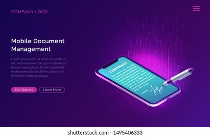 Mobile document manager or e-signature business concept vector isometric illustration. Online signing of contract on digital smartphone screen and stylus pen, purple horizontal banner, landing webpage