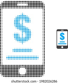 Ilustración de icono de medio tono de cuenta en dólares móviles. La matriz de semitono contiene puntos redondos. Ilustración vectorial del icono de la cuenta en dólares móvil en un fondo blanco.