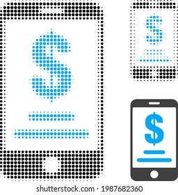 Mobile dollar account halftone dotted icon. Halftone array contains circle points. Vector illustration of mobile dollar account icon on a white background.