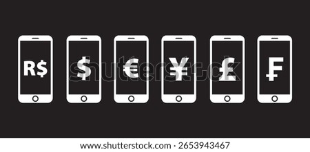 mobile dollar swiss franc yen yuan sterling pound euro real negative icon vector image
