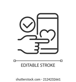 Mobile donation pixel perfect linear icon. Donating money through smartphone. Innovative fundraising. Thin line illustration. Contour symbol. Vector outline drawing. Editable stroke. Arial font used