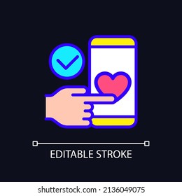 Mobile donation pixel perfect RGB color icon for dark theme. Donating money through smartphone. Fundraising. Simple filled line drawing on night mode background. Editable stroke. Arial font used