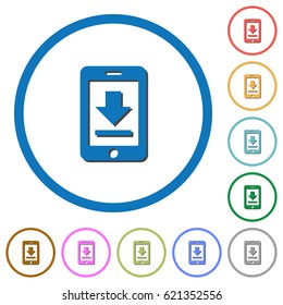 Mobile download flat color vector icons with shadows in round outlines on white background