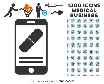 Mobile Drugstore grey vector icon with 1300 medicine commercial icons. Clipart style is flat bicolor light blue and gray pictograms.