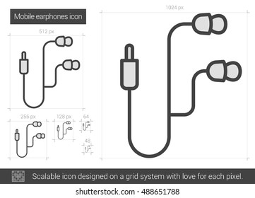 Icono de línea vectorial de auriculares móviles aislado en fondo blanco. Icono de línea de teléfonos móviles para infografía, sitio web o aplicación. Icono escalable diseñado en un sistema de cuadrícula.