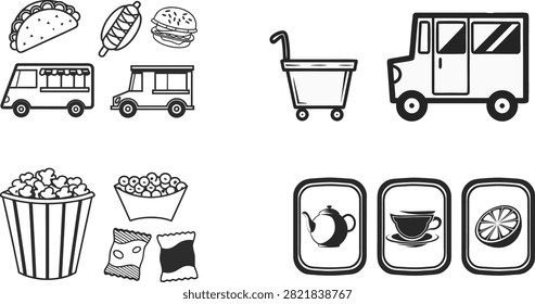Mobile eateries and culinary symbols arranged for street food branding kits