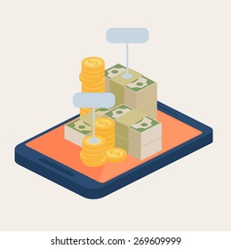 Mobile e-bank with currency in the form of gold coins and packaged stacks of banknotes with blank signs piled on the screen of a mobile device, vector illustration