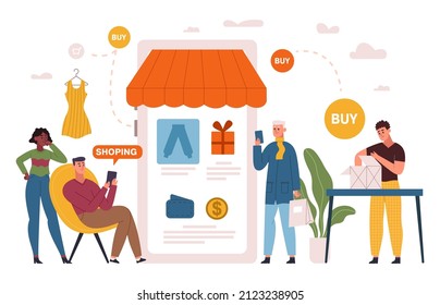 Mobile e-commerce app, online shopping customers. Online clothing or grocery store, people do mobile store purchasing vector illustration. Online shopping concept, clients ordering, unpacking parcels