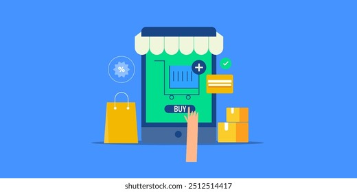 Mobile E-Commerce-Anwendung, Online-Lieferung, Bestellung auf mobile Liefer-App, E-Commerce-Technologie - Vektorgrafik-Hintergrund mit Symbolen