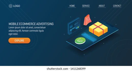 Mobile e-commerce application, Online shopping via smartphone, Buying products e-shopping, 3D, isometric vector banner