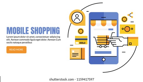 Mobile eCommerce application, shopping cart, digital storefront flat line vector banner with icons and texts