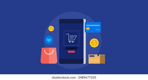 Mobile ecommerce marketing, Mobile app for eCommerce business, People using mobile to buy and sale products online - vector illustration with icons