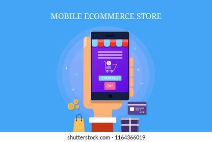 Mobile e-commerce store, shopping application, online shopping flat design vector banner