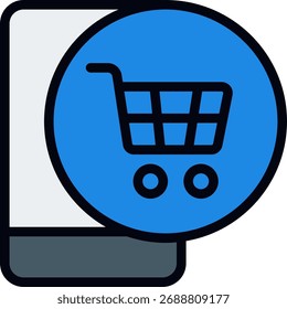 Mobile ecommerce vector illustration, online shopping via smartphone, digital purchase and app interface design. Filled Line Icon